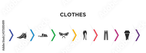 clothes filled icons with infographic template. glyph icons such as leather chelsea boots, sleepers, cat eye glasses, slit skirt, oxford wave suit pants, peplum skirt vector.