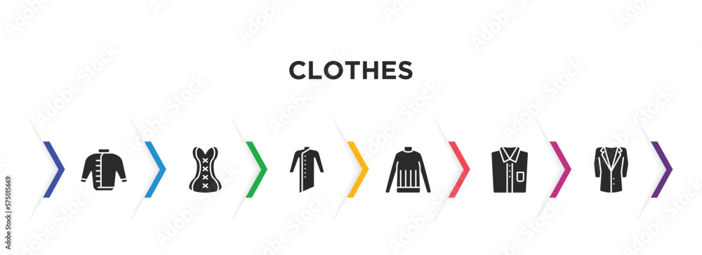 Naklejka premium clothes filled icons with infographic template. glyph icons such as windbreaker, cor, kurta, turtleneck, chemise, suit jacket vector.