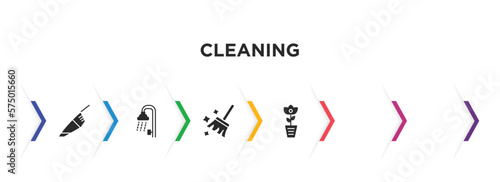 cleaning filled icons with infographic template. glyph icons such as vacuum, shower, garbage cleanin, broom cleanin, room, rose cleanin vector.