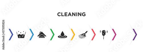 cleaning filled icons with infographic template. glyph icons such as housekeeping, soak, serviette, liquid, carpet cleaning, duster vector.