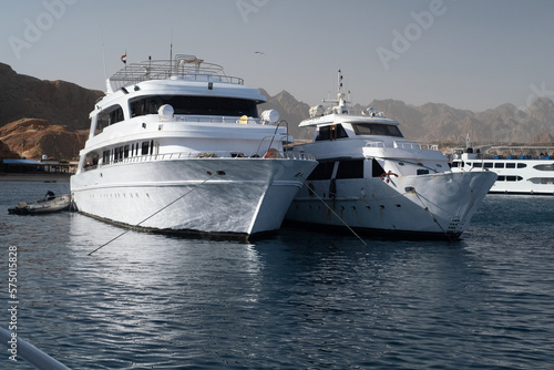 Beautiful white private motor yacht for a boat trip on the Red Sea, Egypt