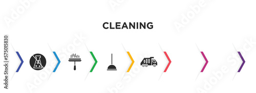 cleaning filled icons with infographic template. glyph icons such as preservatives, window cleaner, mop, hygroscopic, squeeze, garbage truck vector.