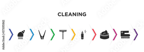 cleaning filled icons with infographic template. glyph icons such as shower head, clothes peg, wiper, spray, cream, scrub brush vector.