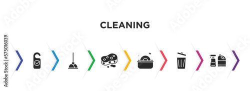 cleaning filled icons with infographic template. glyph icons such as clean room, plunger, sponges, washing plate, bin, cleaning products vector.