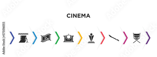 cinema filled icons with infographic template. glyph icons such as studio, video clip, turn on, film award, hete, film director vector.
