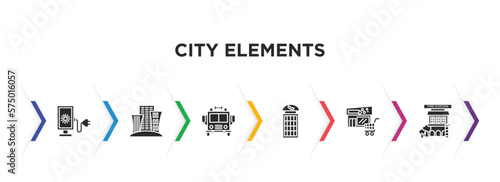 city elements filled icons with infographic template. glyph icons such as lightbox, skyscrapper, fire truck, phone booth, supermarket, fire station vector.