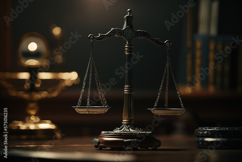Scales of justice in the courtroom, dark lighting, punishment system for prisoners, presumption of innocence, constitution day. Generative AI.