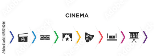 cinema filled icons with infographic template. glyph icons such as hd, film, premiere, tragedy, home cinema, storyboard vector.