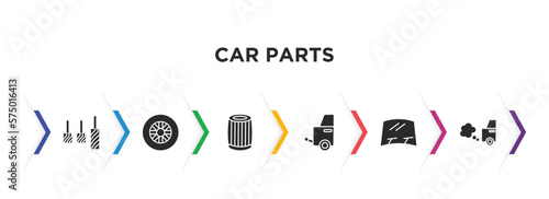 car parts filled icons with infographic template. glyph icons such as car accelerator, car tyre, oil filter, towbar, windscreen, exhaust vector.