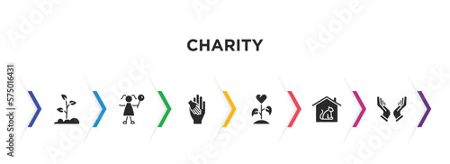 charity filled icons with infographic template. glyph icons such as reforestation, happy kids, charity, plant heart, animal shelter, praying vector.