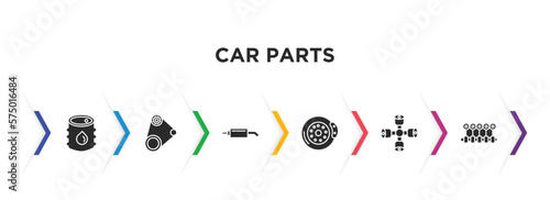 car parts filled icons with infographic template. glyph icons such as car petrol tank, car fan belt, silencer, brake, wheel brace, crankshaft vector.