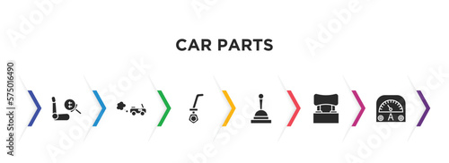 car parts filled icons with infographic template. glyph icons such as car air bag, car tailpipe, dipstick, handbrake, headrest, ammeter vector.