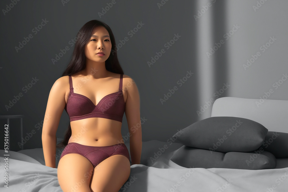 A young adult Asian woman lounges in a bedroom wearing lingerie and plus size brassiere, long hair cascading down her shoulders, made with generative ai A young adult Asian woman lounges in a bedroom wearing lingerie and plus size brassiere, long hair cascading down her shoulders, made with generative ai