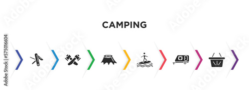 camping filled icons with infographic template. glyph icons such as swiss army knife, hatchet, stump, surfing, camper, basket vector.