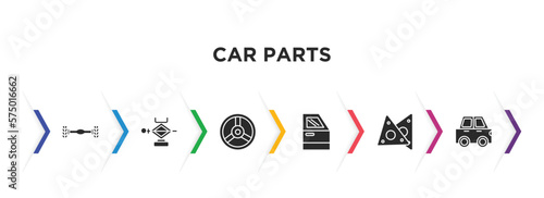 car parts filled icons with infographic template. glyph icons such as car axle, car jack, horn, trim, gasket, hard top vector.