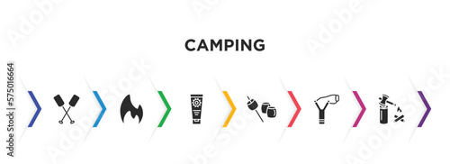 camping filled icons with infographic template. glyph icons such as oar, gas, sun lotion, marshmallow, slingshot, firewood vector.