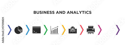 business and analytics filled icons with infographic template. glyph icons such as data analysis pie chart, terminal, workplace, graph, email analytics, paper shredder vector.