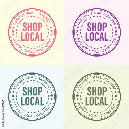 Shop local, buy local. Shop small business concept. Support local community. Set of four icon doodle badges, icon. Flat vector illustrations Bright colors