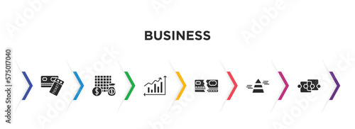 business filled icons with infographic template. glyph icons such as credit card and ticket, economy games, profit chart, broken credit card, stats pyramid, points connected chart vector.