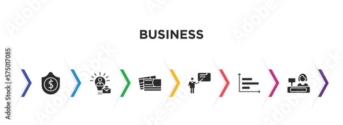 business filled icons with infographic template. glyph icons such as dollar money protection, success man, color business card, man presentation, horizontal bar chart, supermarket cashier vector.