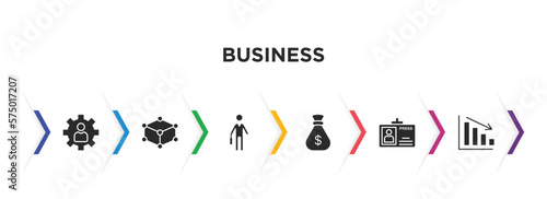 business filled icons with infographic template. glyph icons such as expert, structure, employee going to work, money sack, journalist id card, deficit vector.