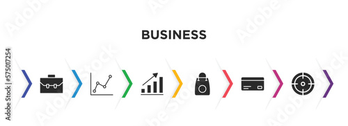 business filled icons with infographic template. glyph icons such as rectangular briefcase, graphic chart, statistical chart, supermarket bag, bank card, target vector.
