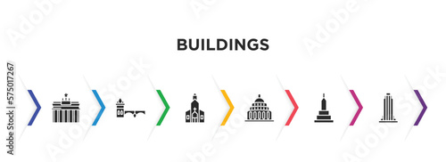 buildings filled icons with infographic template. glyph icons such as brandenburg gate, charles bridge, chuch, capitol building, buddist cemetery, state building vector.