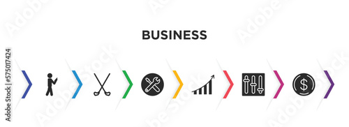 business filled icons with infographic template. glyph icons such as man looking, golf sticks, tool button, graphic progression, tones, dollar currency vector.
