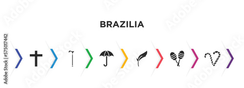 brazilia filled icons with infographic template. glyph icons such as lent, cane, sun umbrella, feathers, maracas, canes vector.