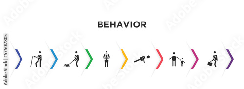behavior filled icons with infographic template. glyph icons such as blindman with cane, cutting lawn, piggyback a kid, stick man push up, child with man, going to work vector.