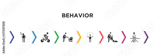 behavior filled icons with infographic template. glyph icons such as man snoozing, man cycling, man wirth carry, circus digging, ironing vector.