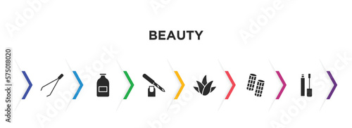 beauty filled icons with infographic template. glyph icons such as tweezers, inclined bottle, pedicure, aloe vera, curlers, concealer vector.
