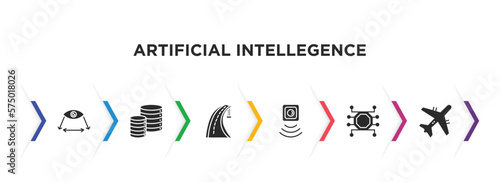 artificial intellegence filled icons with infographic template. glyph icons such as field of view, database, motorway, motion sensor, unsupervised learning, aeroplane vector.