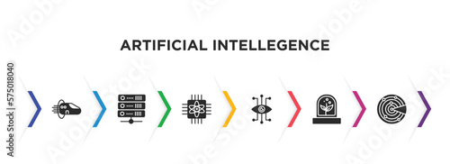 artificial intellegence filled icons with infographic template. glyph icons such as hyperloop, servers, quantum computing, bionic eye, artificial atmosphere, detection vector.