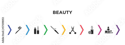 beauty filled icons with infographic template. glyph icons such as teeth brush, liner, hair curler, hairdresser scissors, candle flower, relaxing massage vector.