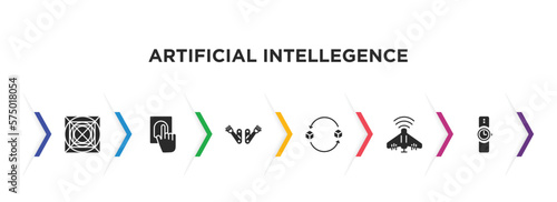 artificial intellegence filled icons with infographic template. glyph icons such as ai grid, biometrics, bionic arm, replacement, unmanned aerial vehicle, wristwatch vector.