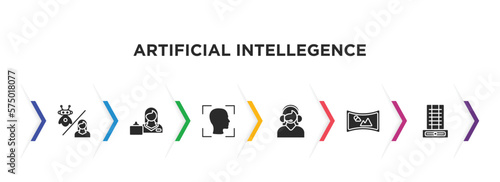 artificial intellegence filled icons with infographic template. glyph icons such as robots and humans, shop assistant, face recognition, assistant, immersive, difference engine vector.