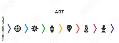 art filled icons with infographic template. glyph icons such as islamic art, japanese ornament, ceramic vase, spot, yarn spool, sculpture bust vector.