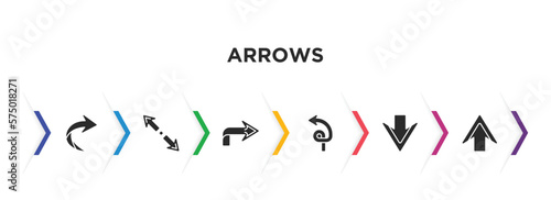 arrows filled icons with infographic template. glyph icons such as right curve, diagonal resize, right arrow curved, spiral arrow, down arrow, up vector.
