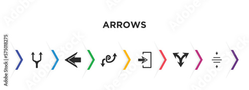 arrows filled icons with infographic template. glyph icons such as splitting arrow, left arrow, double arrow, enter left, split triangle, center align vector.