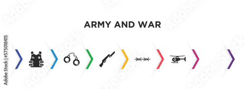 army and war filled icons with infographic template. glyph icons such as bulletproof, pair of handcuffs, bayonet on rifle, barbed, anchor, helicopter vector.