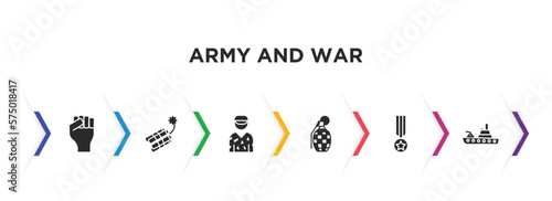 army and war filled icons with infographic template. glyph icons such as rebellion, dynamite, conscription, granade, condecoration, army boat vector.
