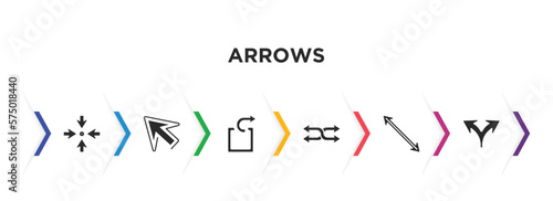 arrows filled icons with infographic template. glyph icons such as focus, diagonal arrows, extract, suffle, diagonal arrow, split arrows vector.