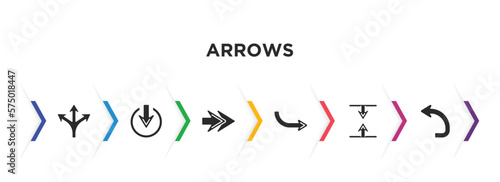 arrows filled icons with infographic template. glyph icons such as multiply, exit down, next, right direction, vertical resize, turn left vector.