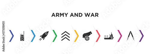 army and war filled icons with infographic template. glyph icons such as walkie talkie, launcher, chevrons, canon, ship, shoulder strap vector.