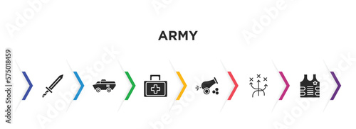 army filled icons with infographic template. glyph icons such as dagger, military vehicle, first aid, cannon, militar strategy, bulletproof vest vector.