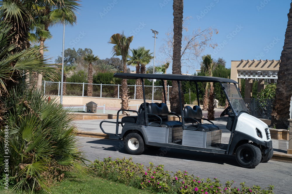 New clean golf course carts cars at luxury resort sport venue in neat line row