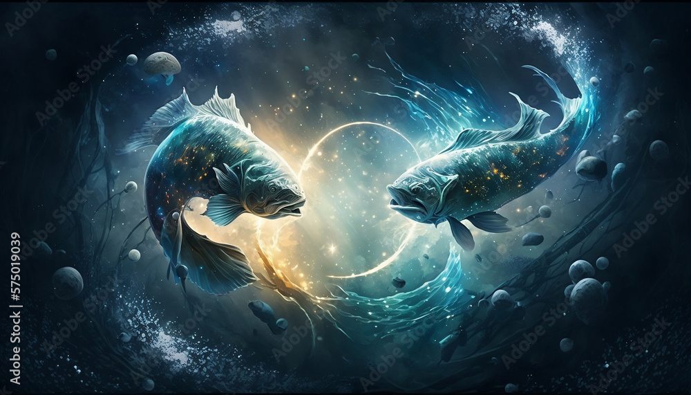 Pisces zodiac sign, with magical light in space
