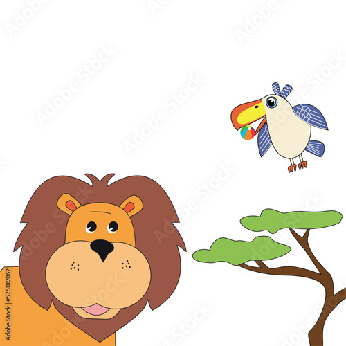 African Lion and Bird Illustration