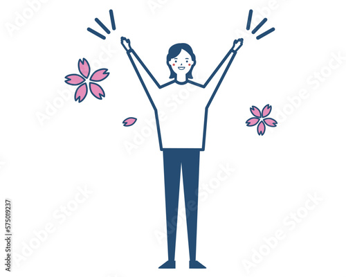 入学を喜ぶ女性 春の新生活 卒業を喜ぶ 桜。ベクターイラスト